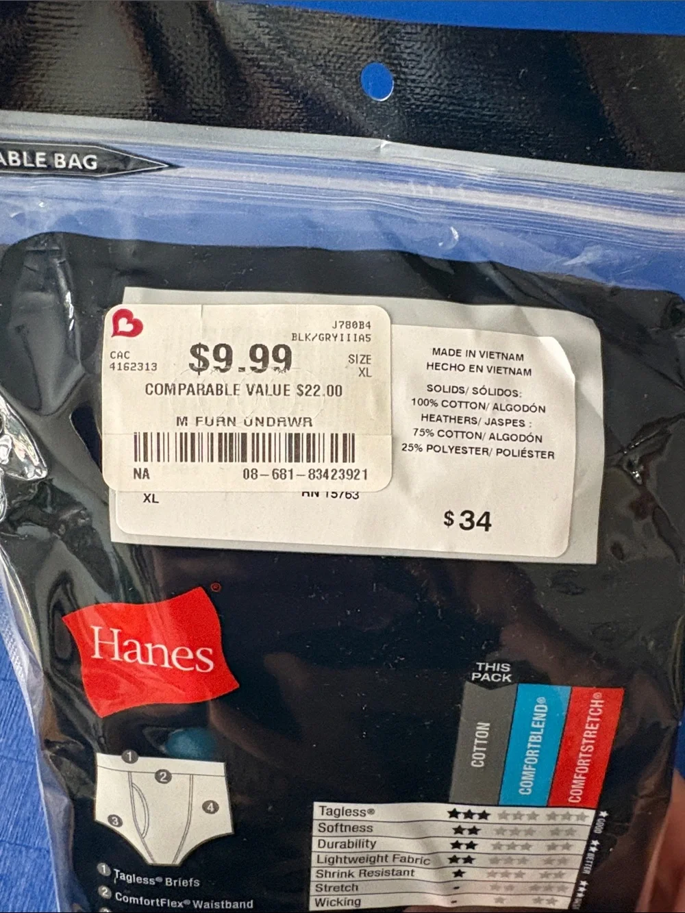 Hanes Men's Tagless Briefs - Black & Gray (4-Pack) XL